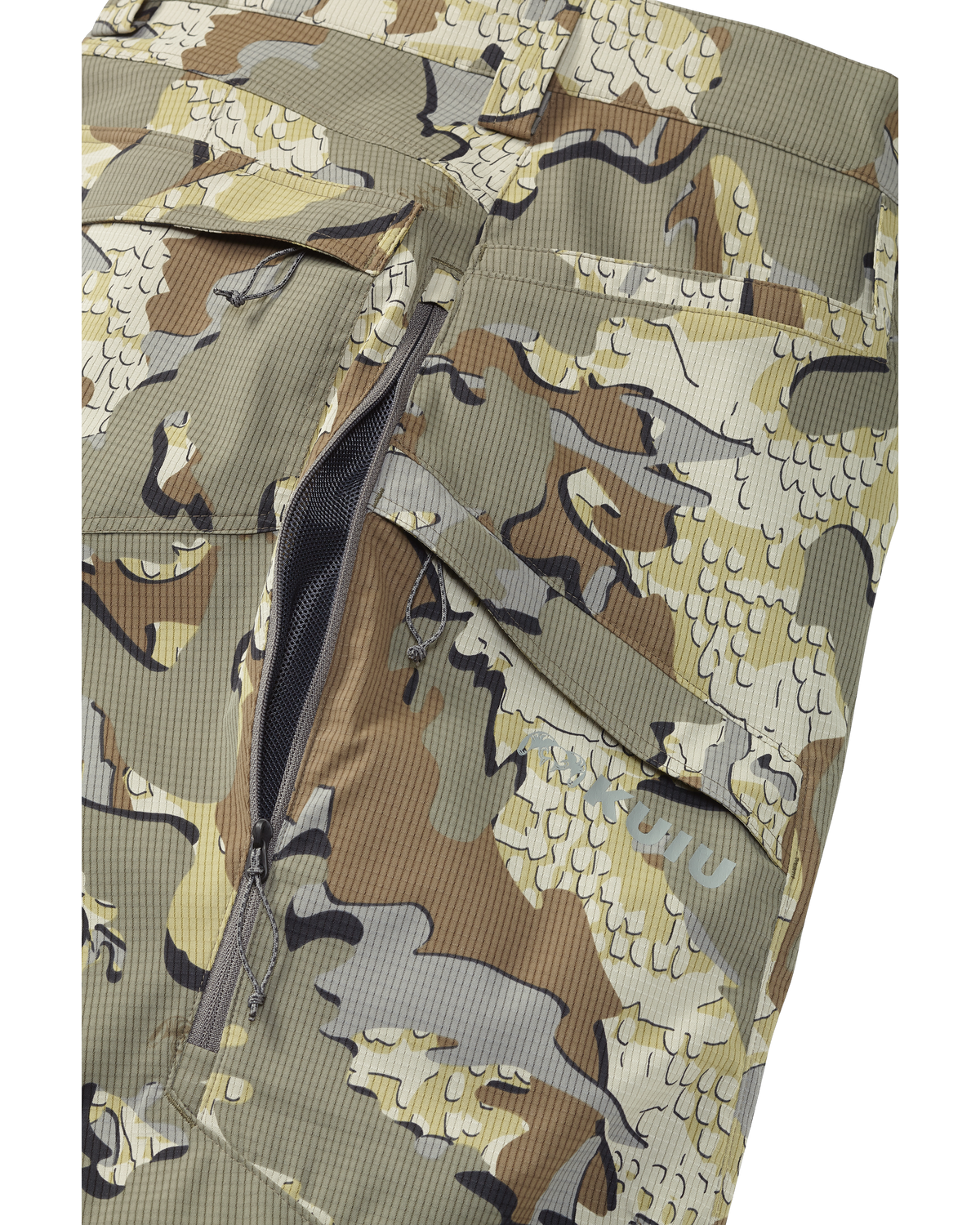 Side of Tiburon Pant in Valo Camouflage showcasing the open hip vent