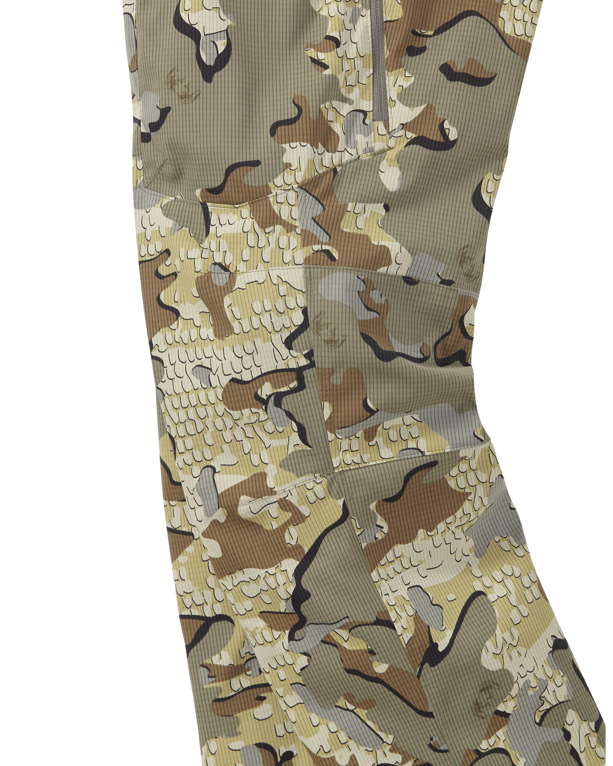 Side of Tiburon Pant in Valo Camouflage showcasing articulated knees