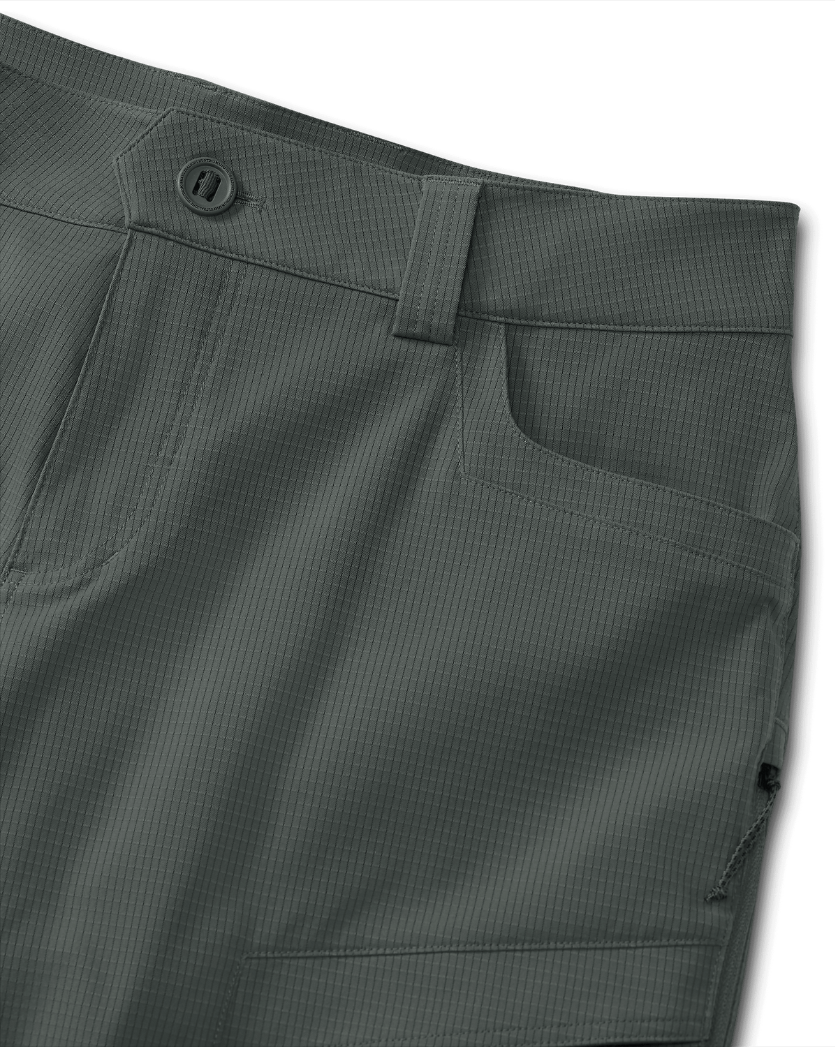 Detail of button and hand pocket on Women's Tiburon Pant in Stone Grey