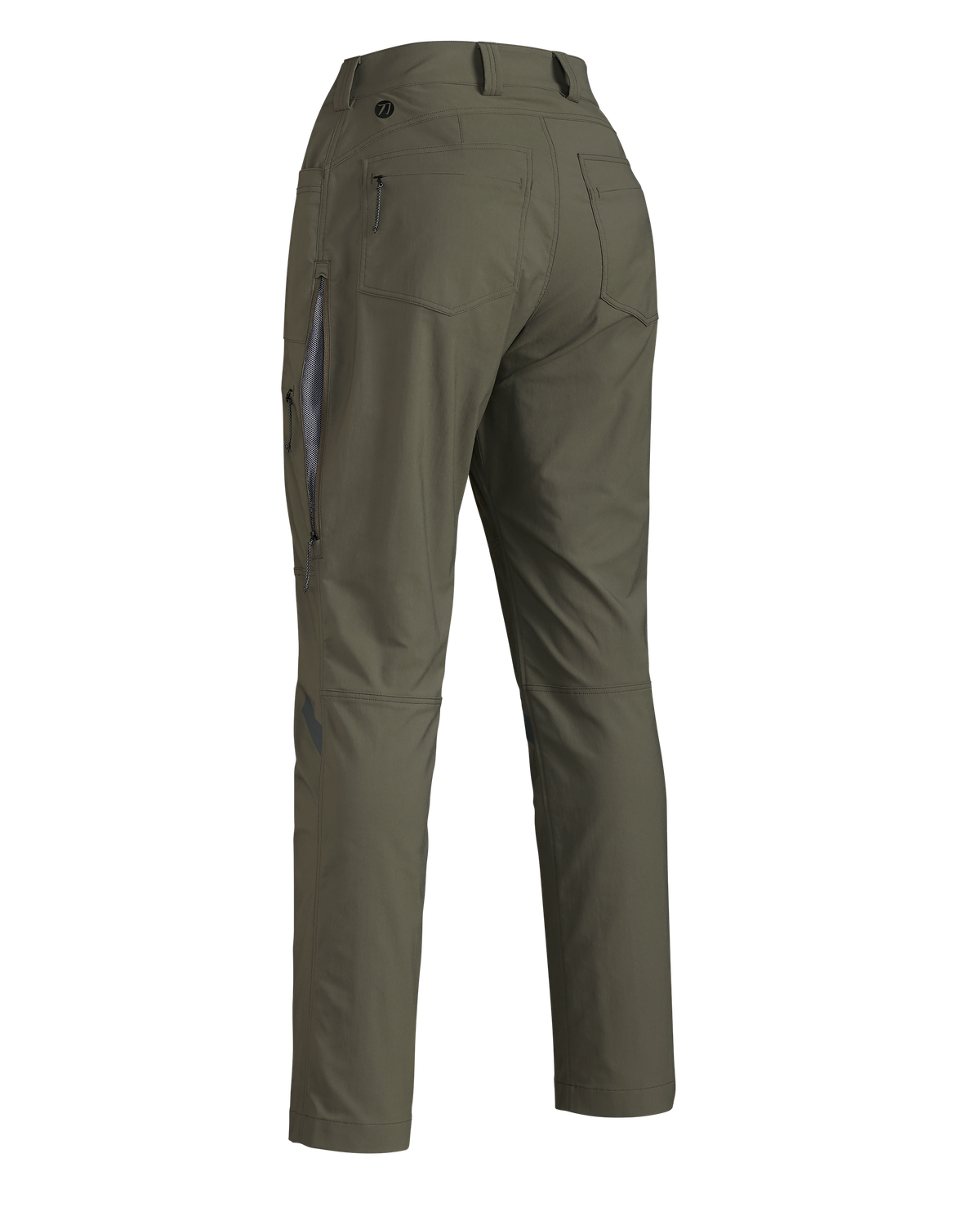 Back of Women's Kutana Stretch Woven Pant in Ash Brown showing open hip vent