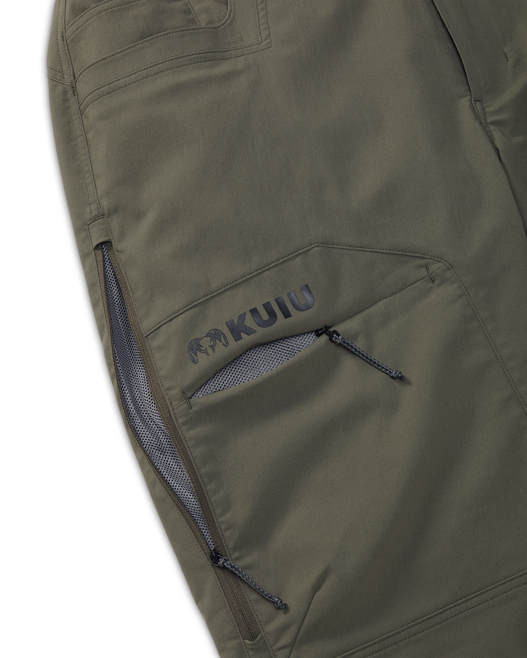 Detail of open zippered mesh-lined hip vent and open cargo pocket on Women's Kutana Stretch Woven Pant in Ash Brown