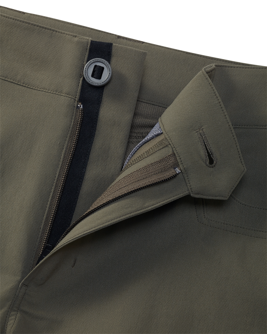 Close-up of open fly front zipper and button on Women's Kutana Stretch Woven Pant in Ash Brown