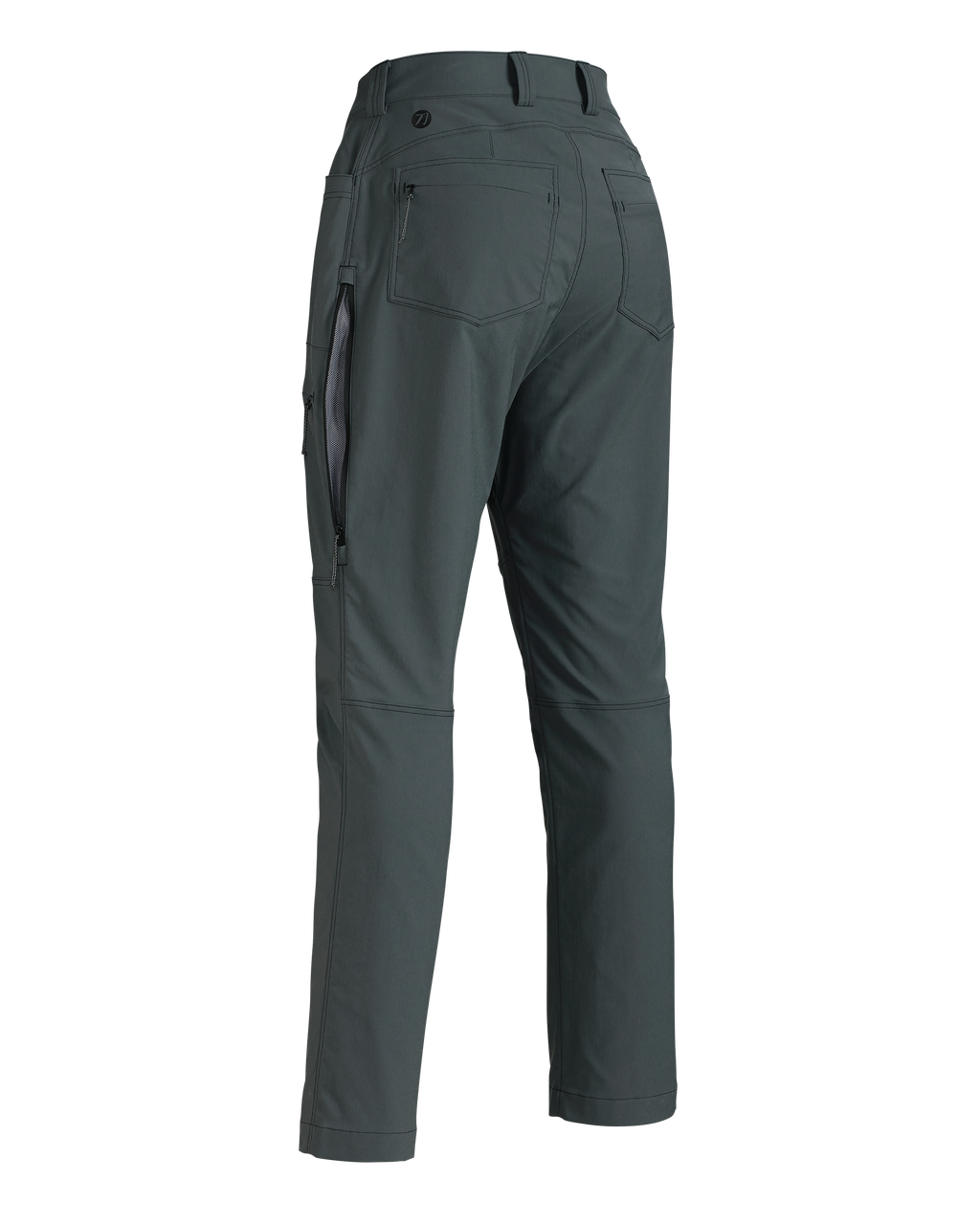 Back of Women's Kutana Stretch Woven Pant in Gunmetal Grey showing open hip vent