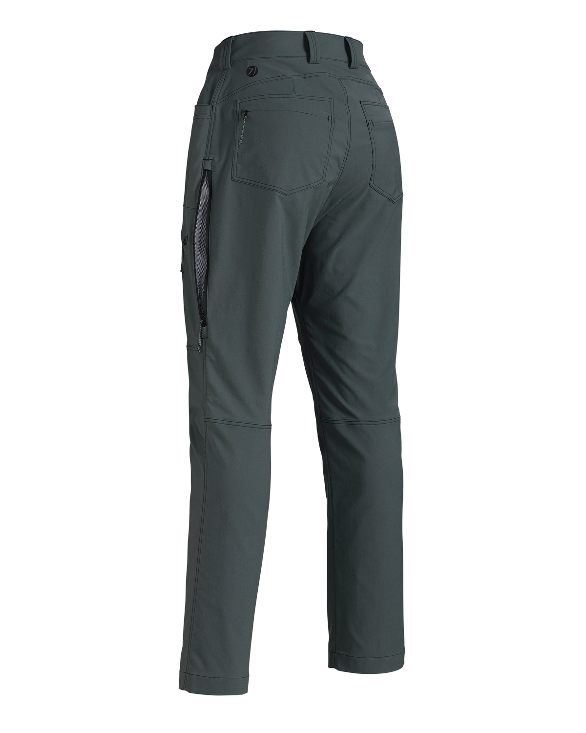 Back of Women's Kutana Stretch Woven Pant in Gunmetal Grey showing open hip vent