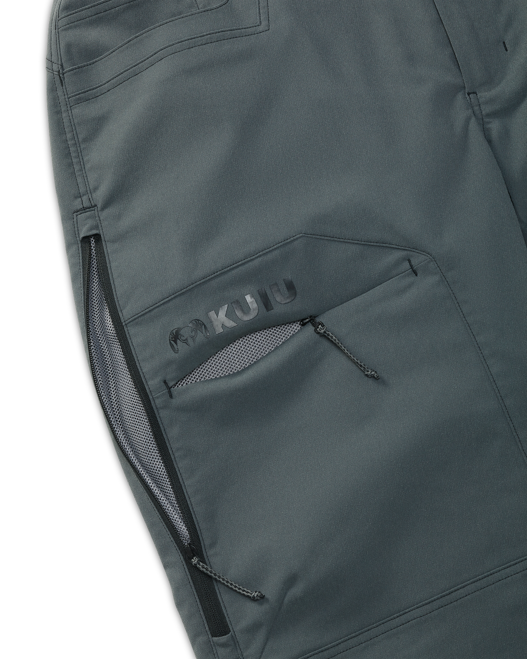 Detail of open zippered mesh-lined hip vent and open cargo pocket on Women's Kutana Stretch Woven Pant in Gunmetal Grey