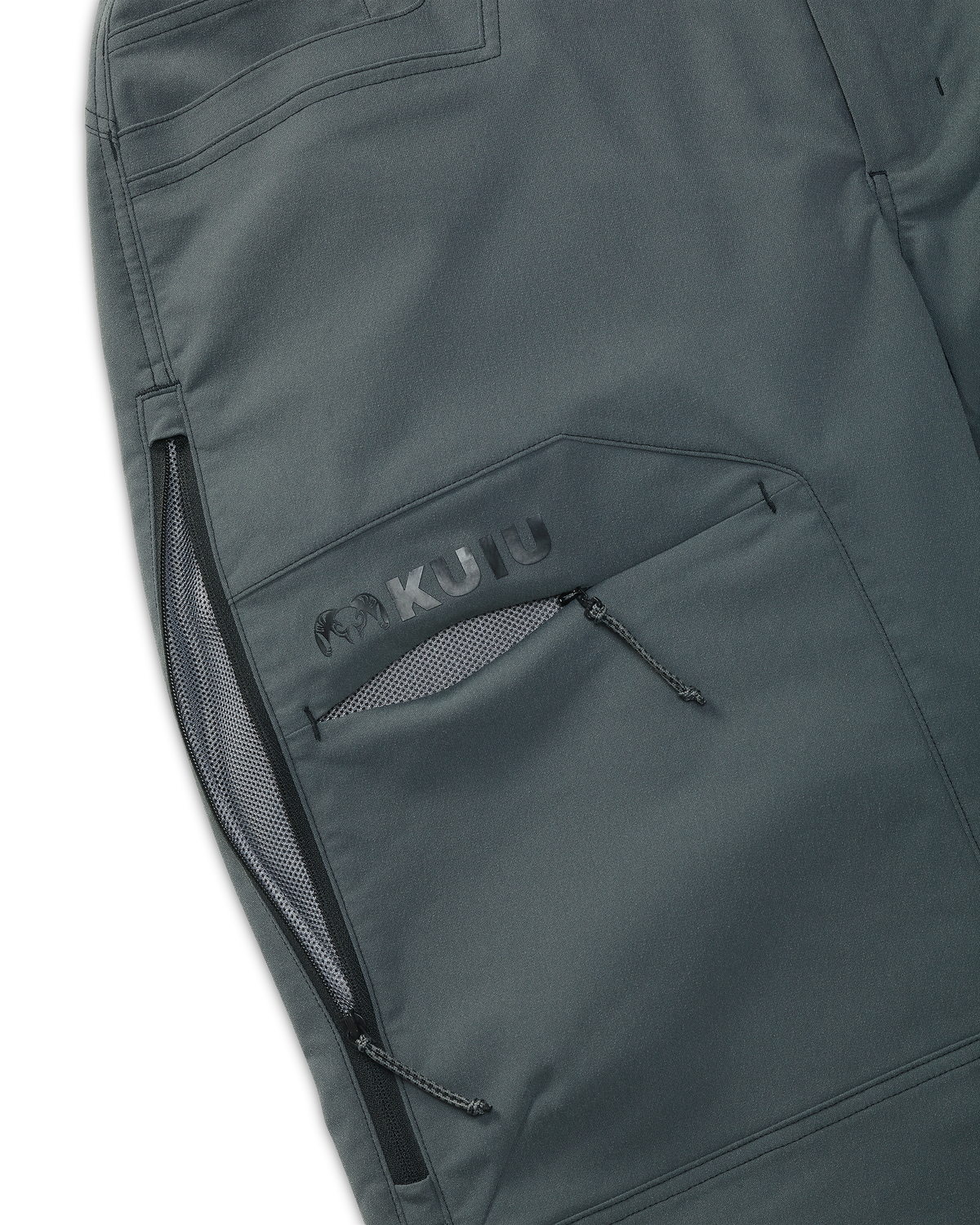 Detail of open zippered mesh-lined hip vent and open cargo pocket on Women's Kutana Stretch Woven Pant in Gunmetal Grey