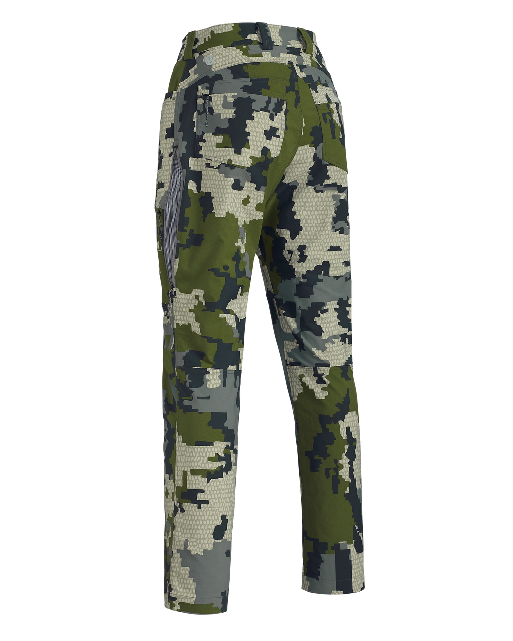 Back of Women's Kutana Stretch Woven Pant in Verde Camouflage showing open hip vent