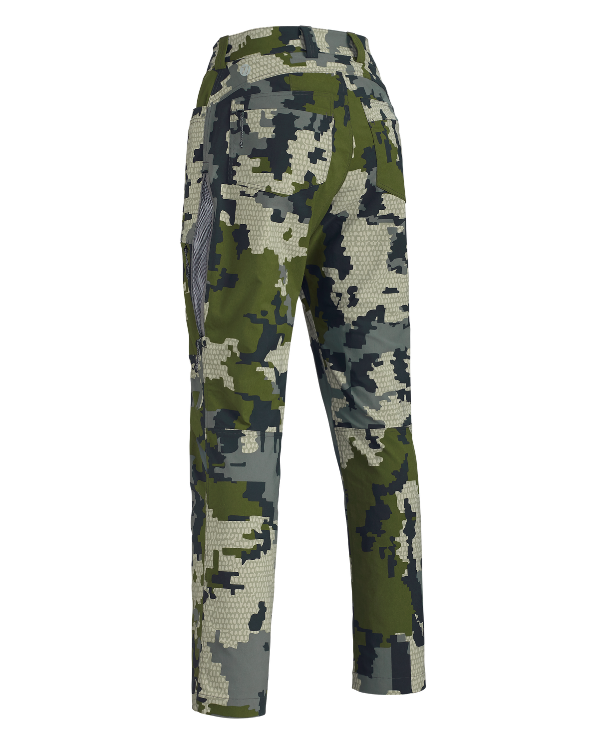 Back of Women's Kutana Stretch Woven Pant in Verde Camouflage showing open hip vent