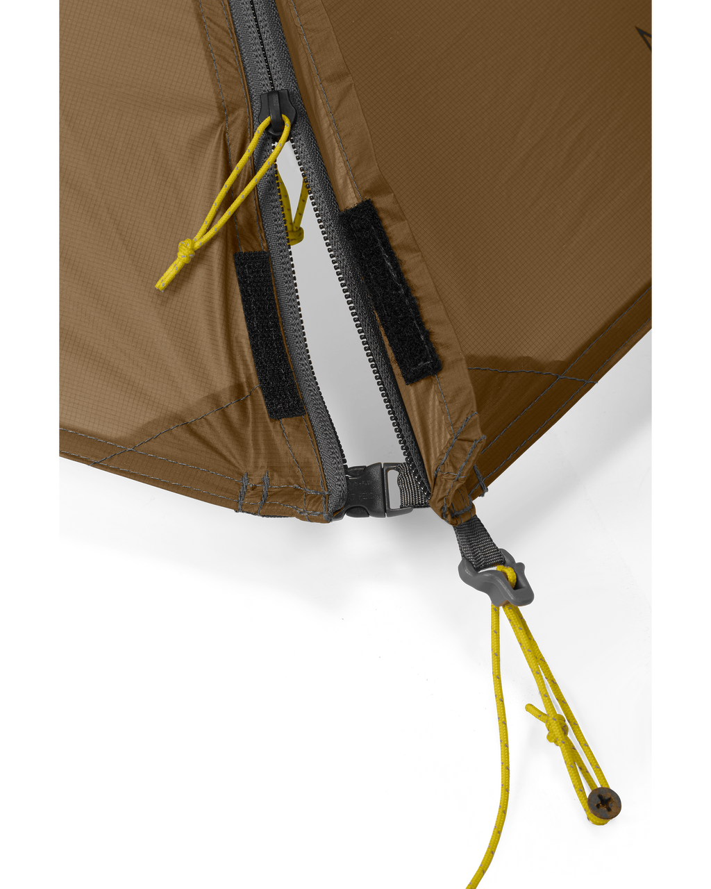 Front of YKK Zippered Vestibule Door on Mountain Star Two Person Tent in Gunmetal Camel Color Highlighting Lower Side Release Buckle to Prevent Zipper Migration in High Wind