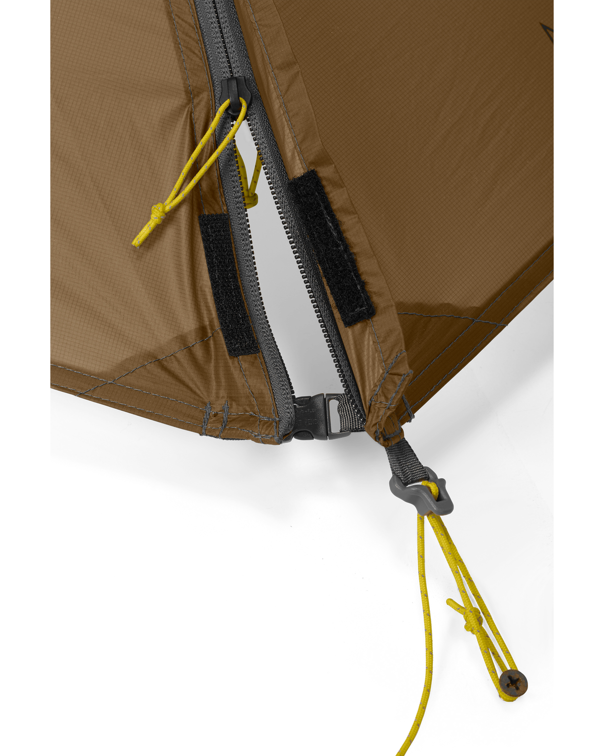 Front of YKK Zippered Vestibule Door on Mountain Star Two Person Tent in Gunmetal Camel Color Highlighting Lower Side Release Buckle to Prevent Zipper Migration in High Wind