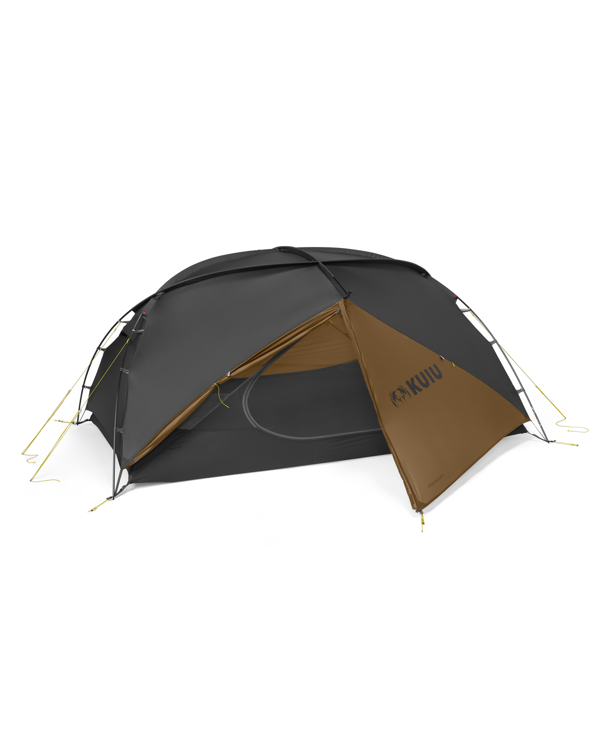 Front of Mountain Star Two Person Tent in Gunmetal Camel Color with Open Vestibule