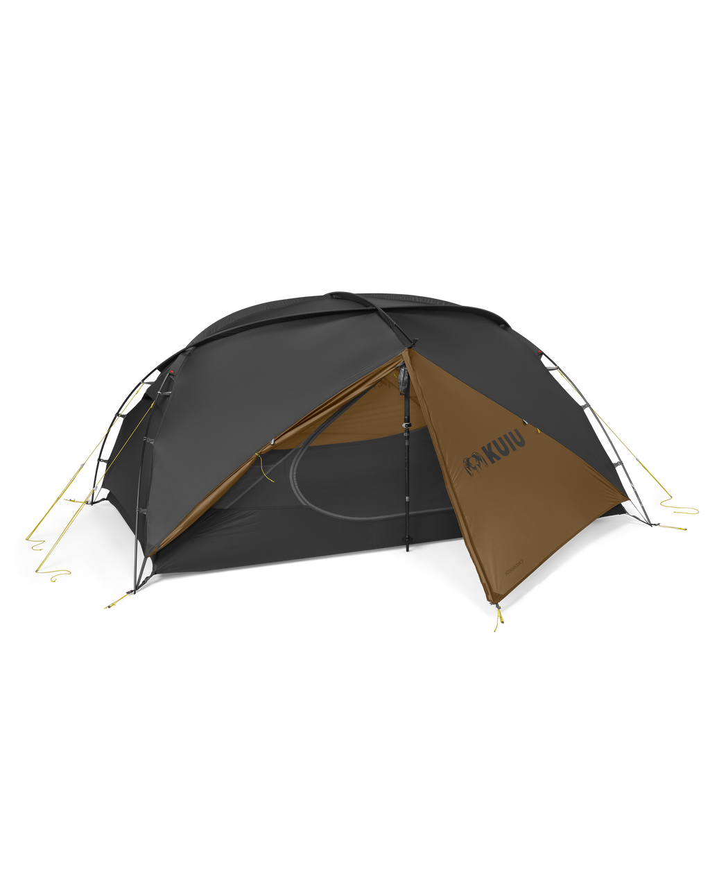 Front of Mountain Star Two Person Tent in Gunmetal Camel Color with Open Vestibule
