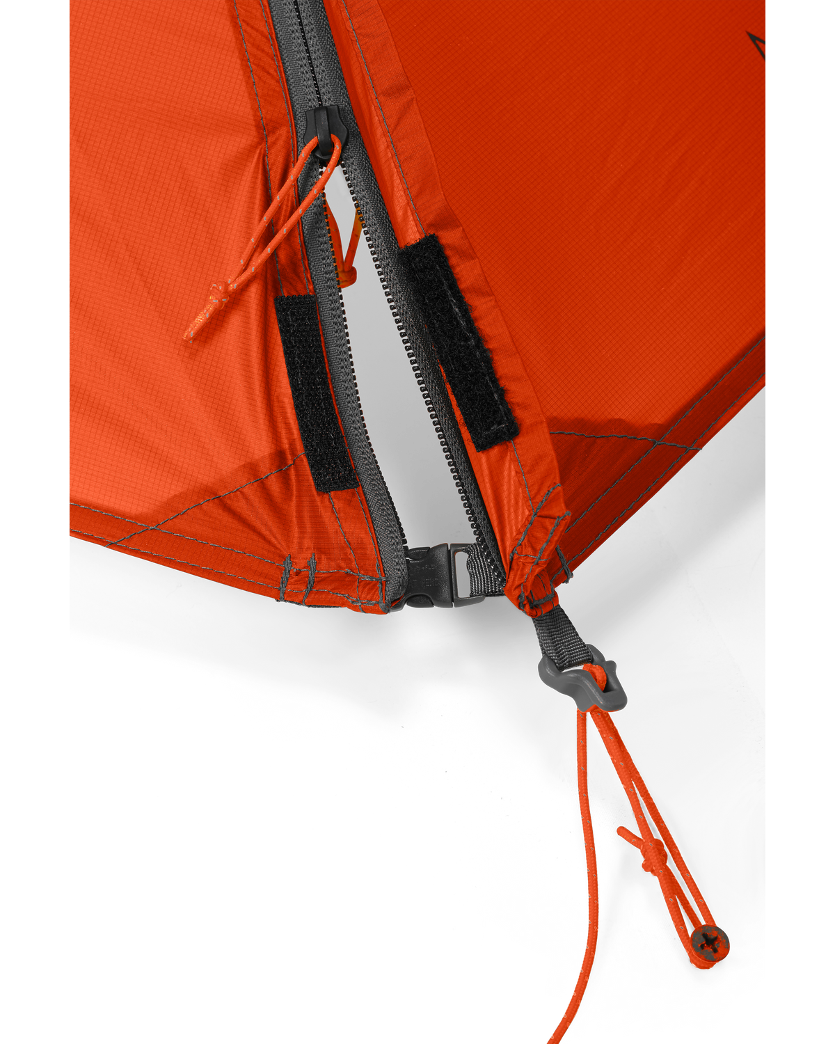 exterior vestibule zipper and hook loop on the Mountain Star 2 Person Tent in Gunmetal Grey, Orange