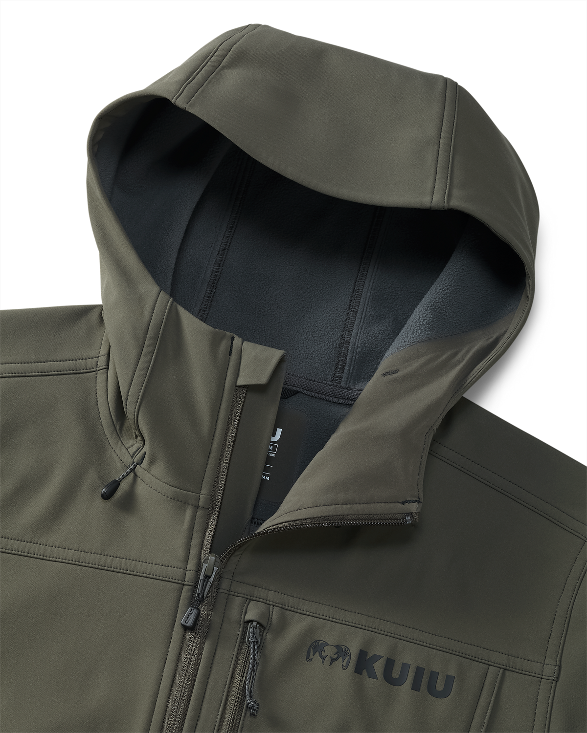 Front of Alpine Hooded Jacket in Ash Brown, Highlighting chin guard