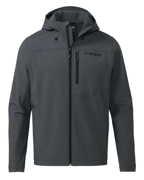Front of Alpine Hooded Jacket in Gunmetal Grey