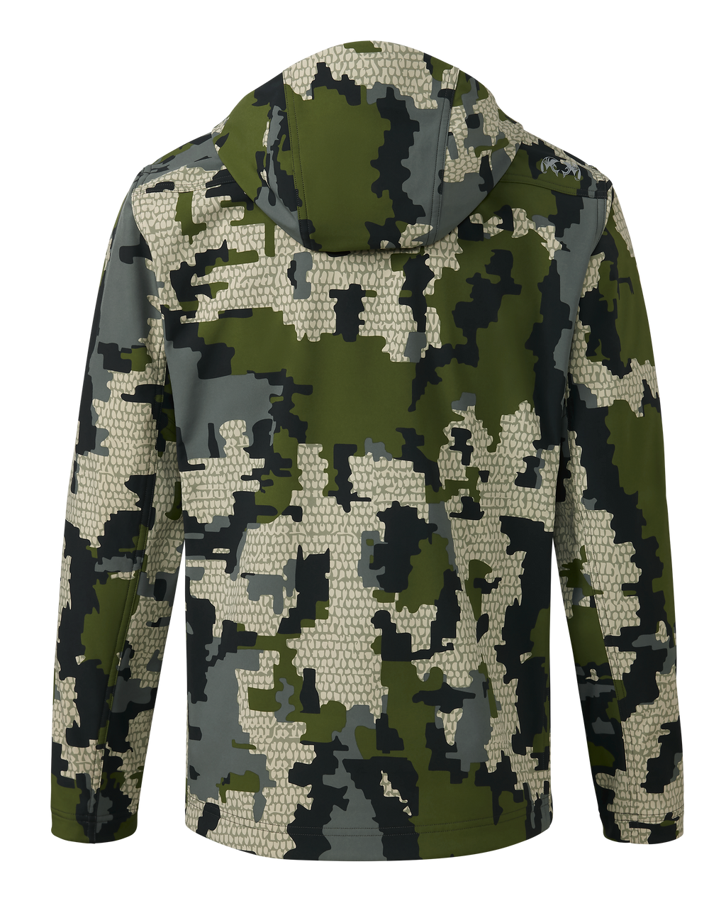Back of Alpine Hooded Jacket in Verde Camouflage