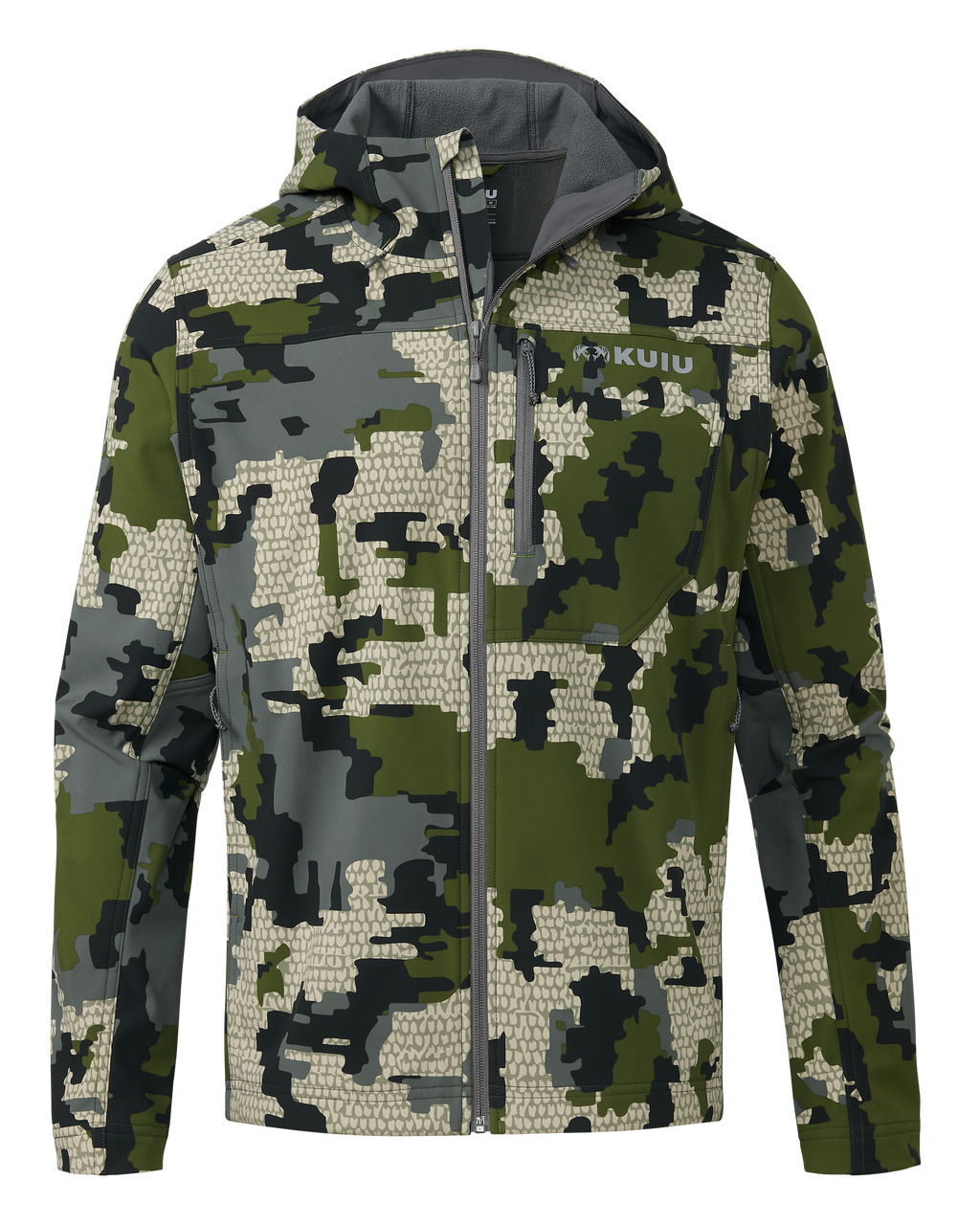 Front of Alpine Hooded Jacket in Verde Camouflage