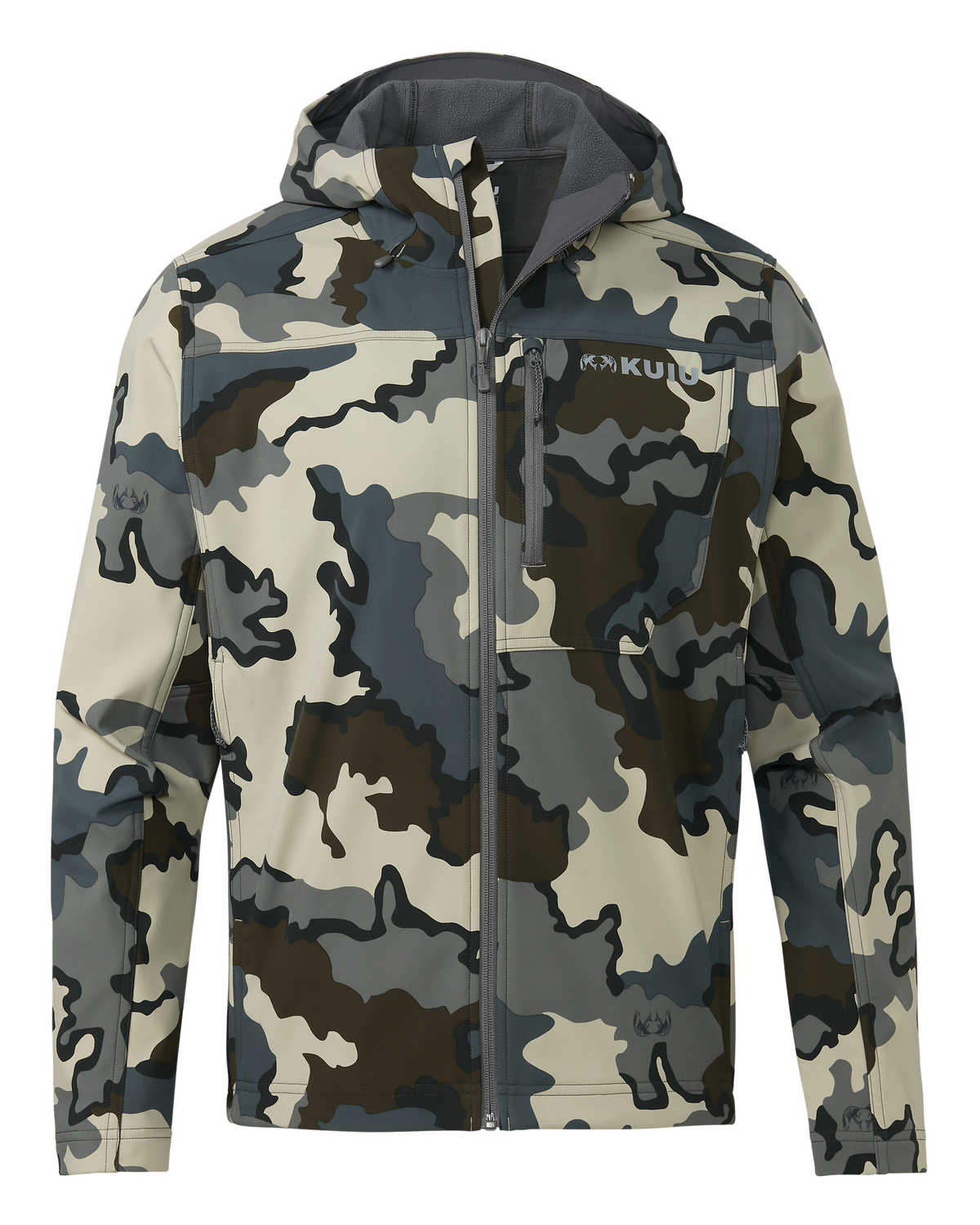 Front of Alpine Hooded Jacket in Vias Camouflage