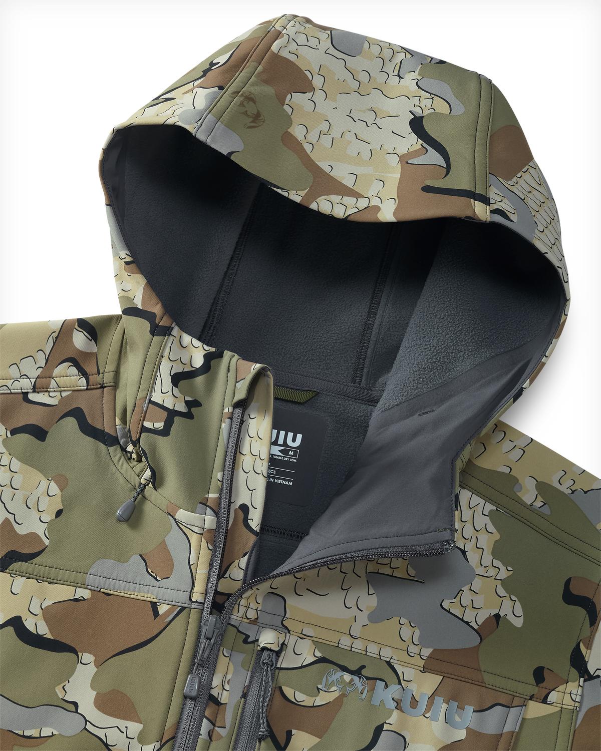 Front of Alpine Hooded Jacket in Valo Camouflage, Highlighting chin guard