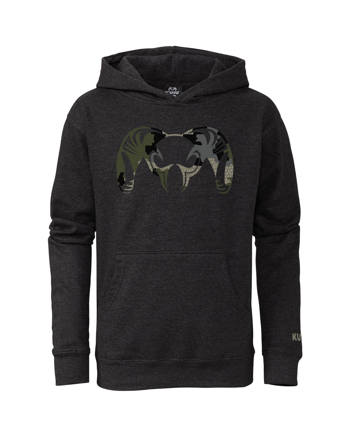 Front of Youth Camo Big Ram Hoodie in Charcoal with Verde Camouflage Logo