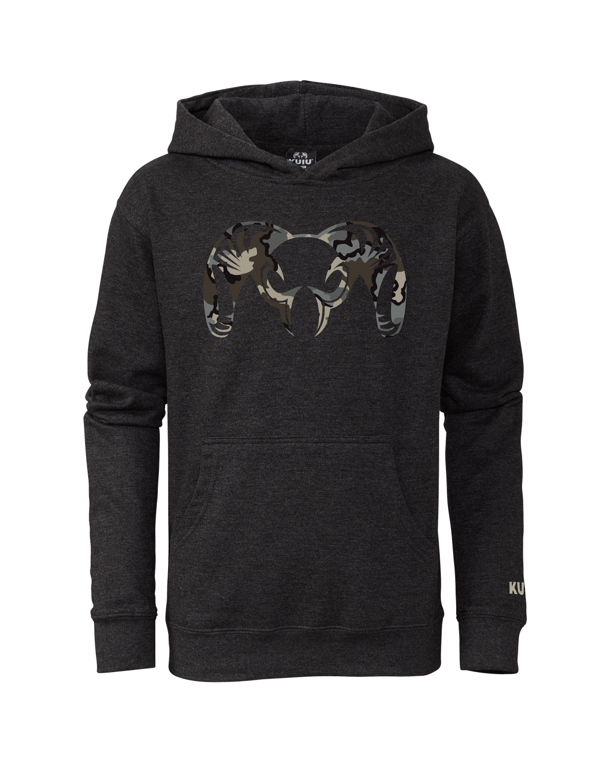 Front of Youth Camo Big Ram Hoodie in Charcoal with Vias Camouflage Logo