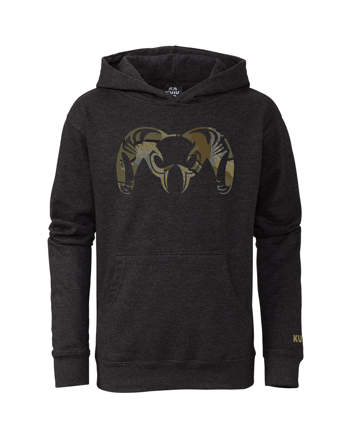 Front of Youth Camo Big Ram Hoodie in Charcoal with Valo Camouflage Logo