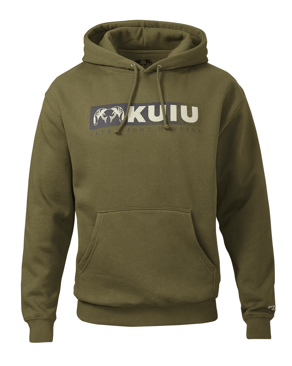 Front of KUIU Distressed Logo Hoodie in Army