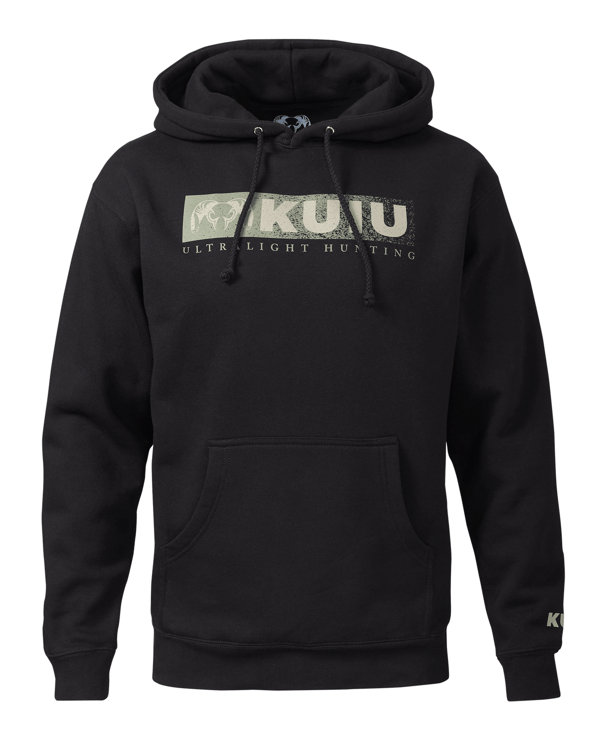 Front of KUIU Distressed Logo Hoodie in Black