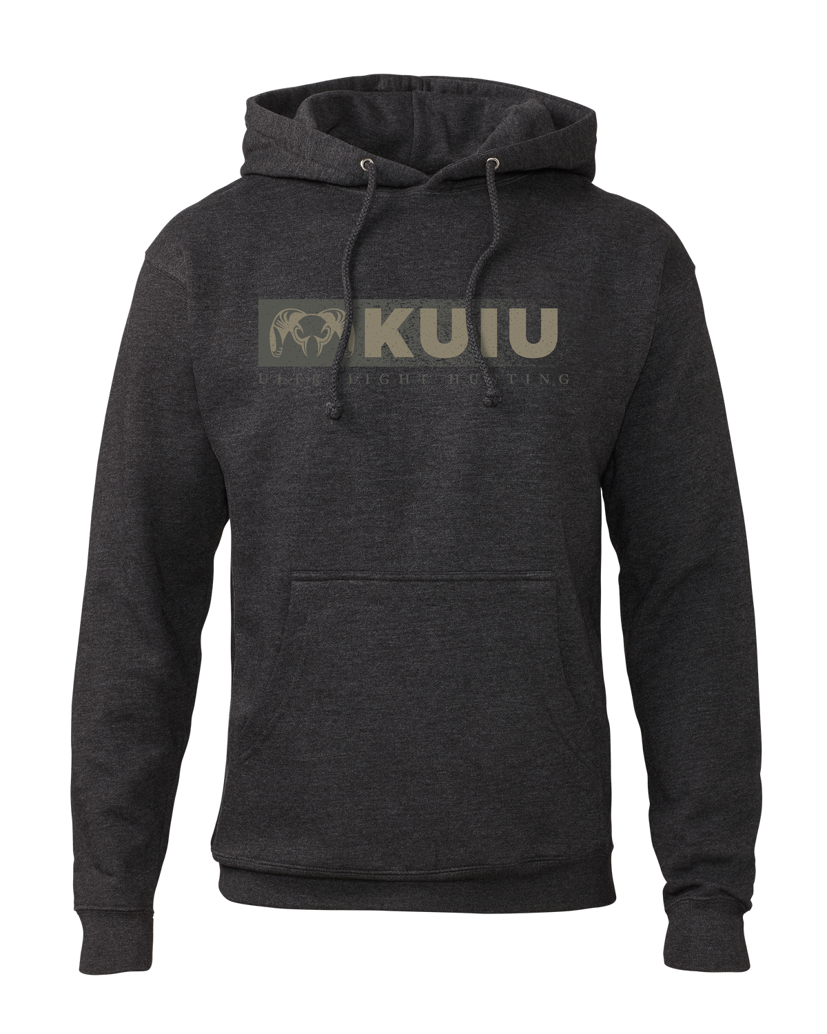 Front of KUIU Distressed Logo Hoodie in Charcoal Grey