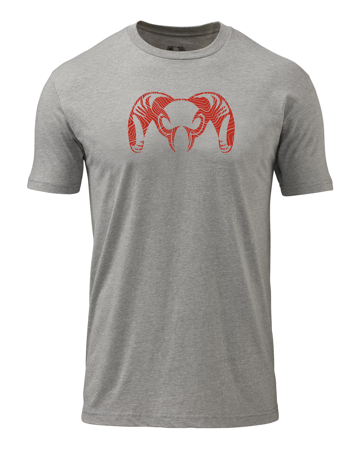 Front of Red Topographic Ram T-Shirt in Dark Heather Grey