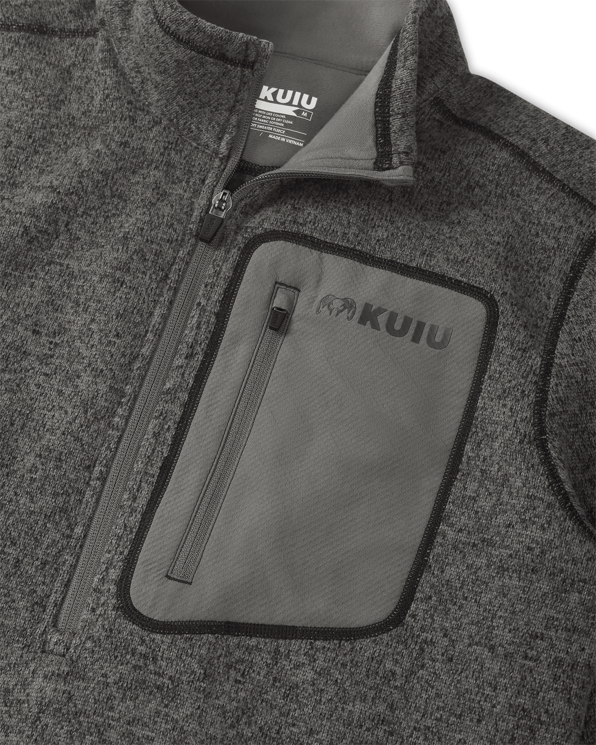 Flat lay highlighting front zipper, tagless KUIU label, and front left chest pocket on Base Camp Pullover Sweater in Charcoal Heather Grey