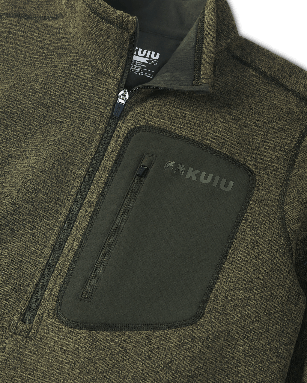 Flat lay highlighting front zipper, tagless KUIU label, and front left chest pocket on Base Camp Pullover Sweater in Olive Heather Green