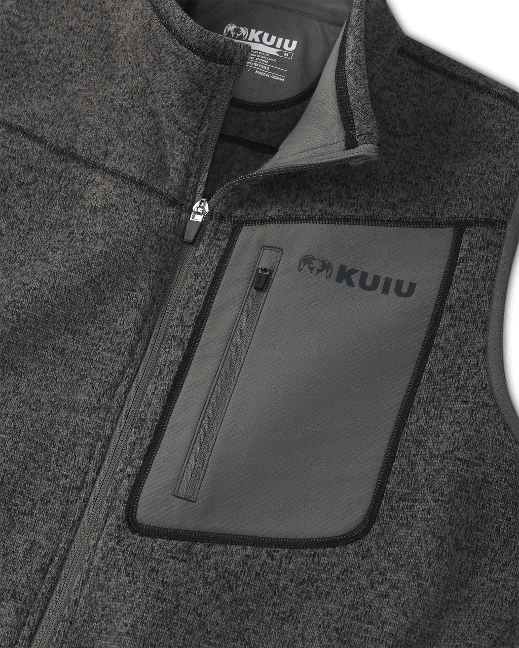 Flat lay highlighting front zipper, tagless KUIU label, and vertical left chest pocket on Base Camp Sweater Vest in Charcoal Heather Grey