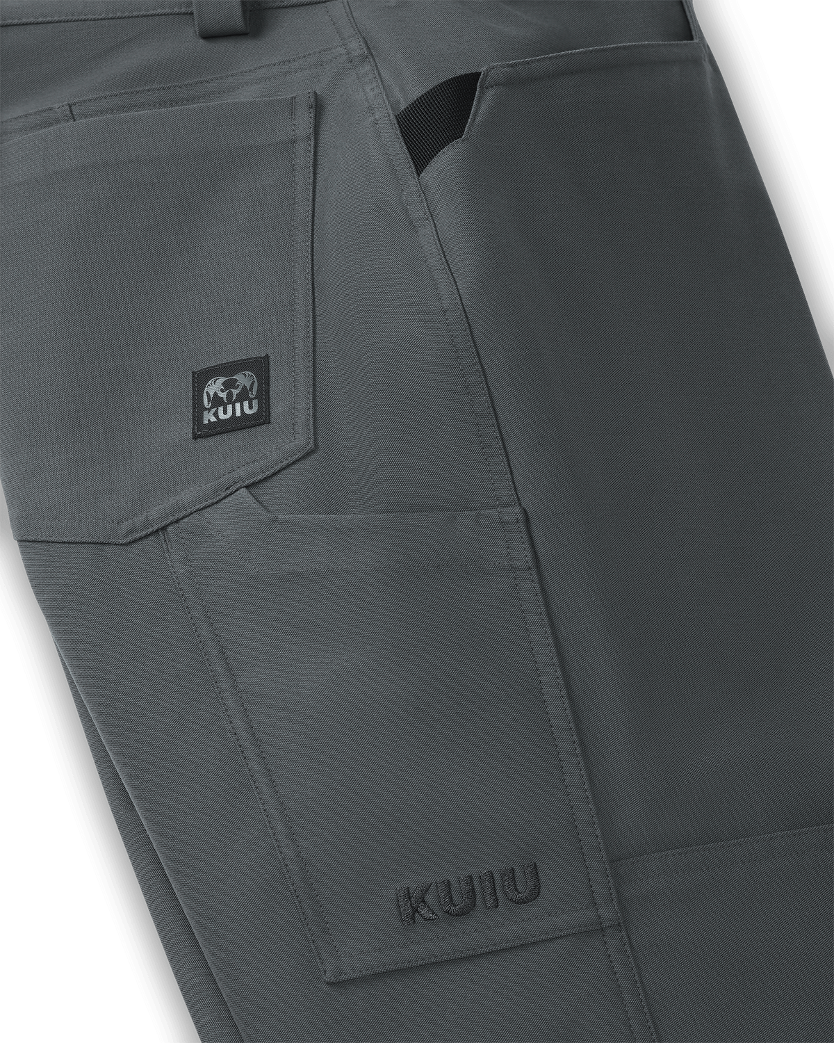 Close-up view highlighting back pocket, phone pocket, and knife clip on Brawley Pant in Gunmetal Grey