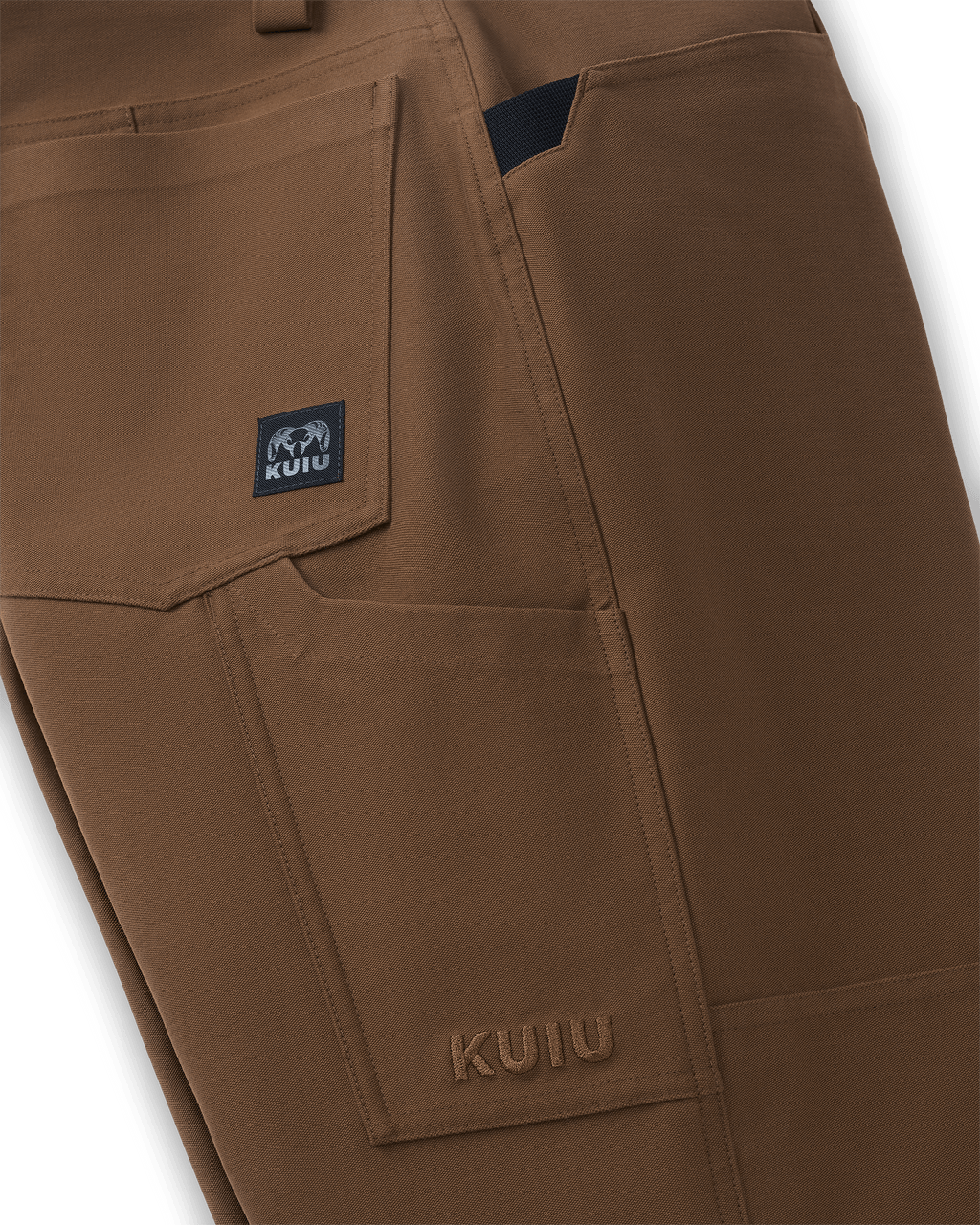 Close-up view highlighting back pocket, phone pocket, and knife clip on Brawley Pant in Saddle Brown