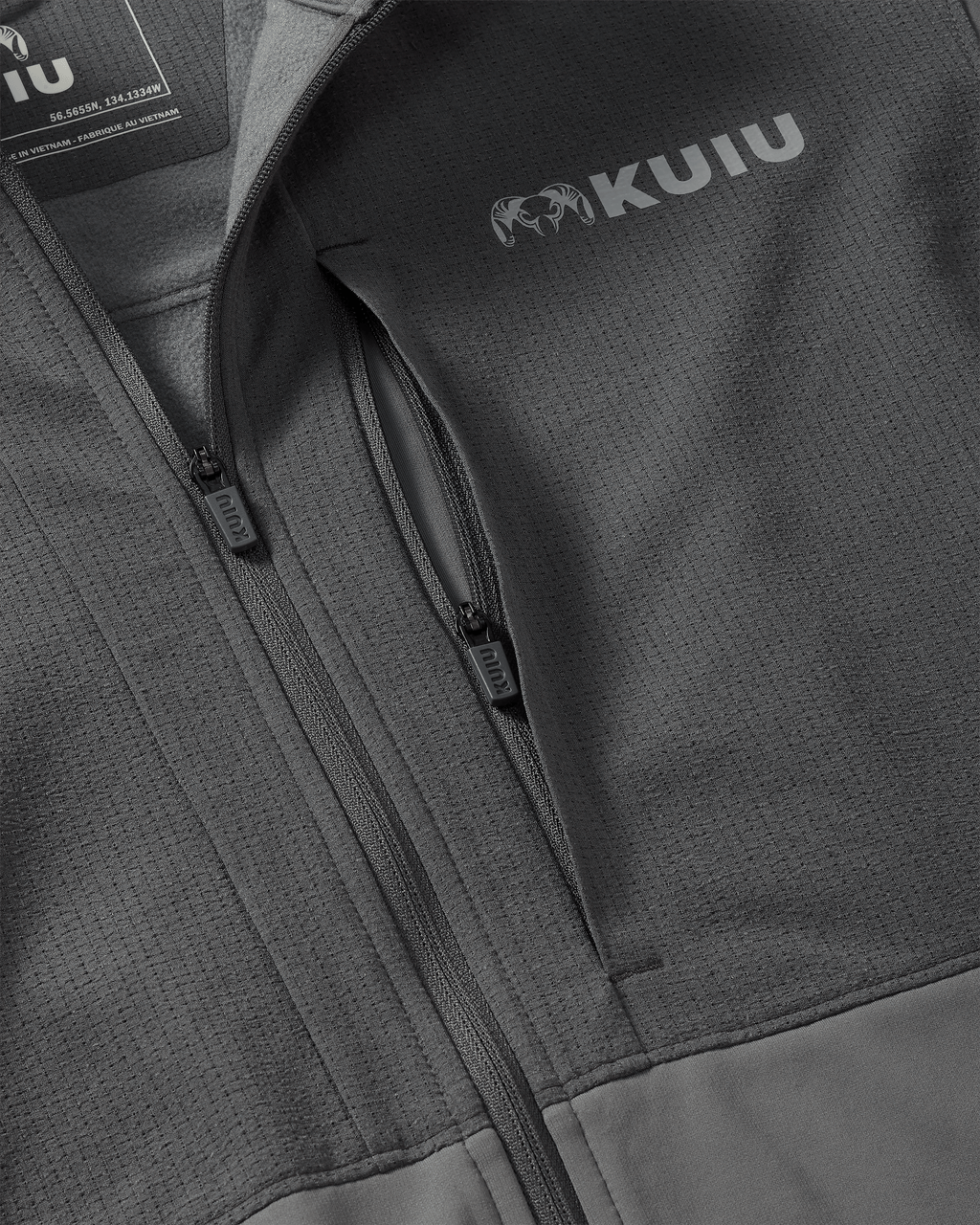 Zippered front chest pocket on Bicomp Jacket in Gunmetal