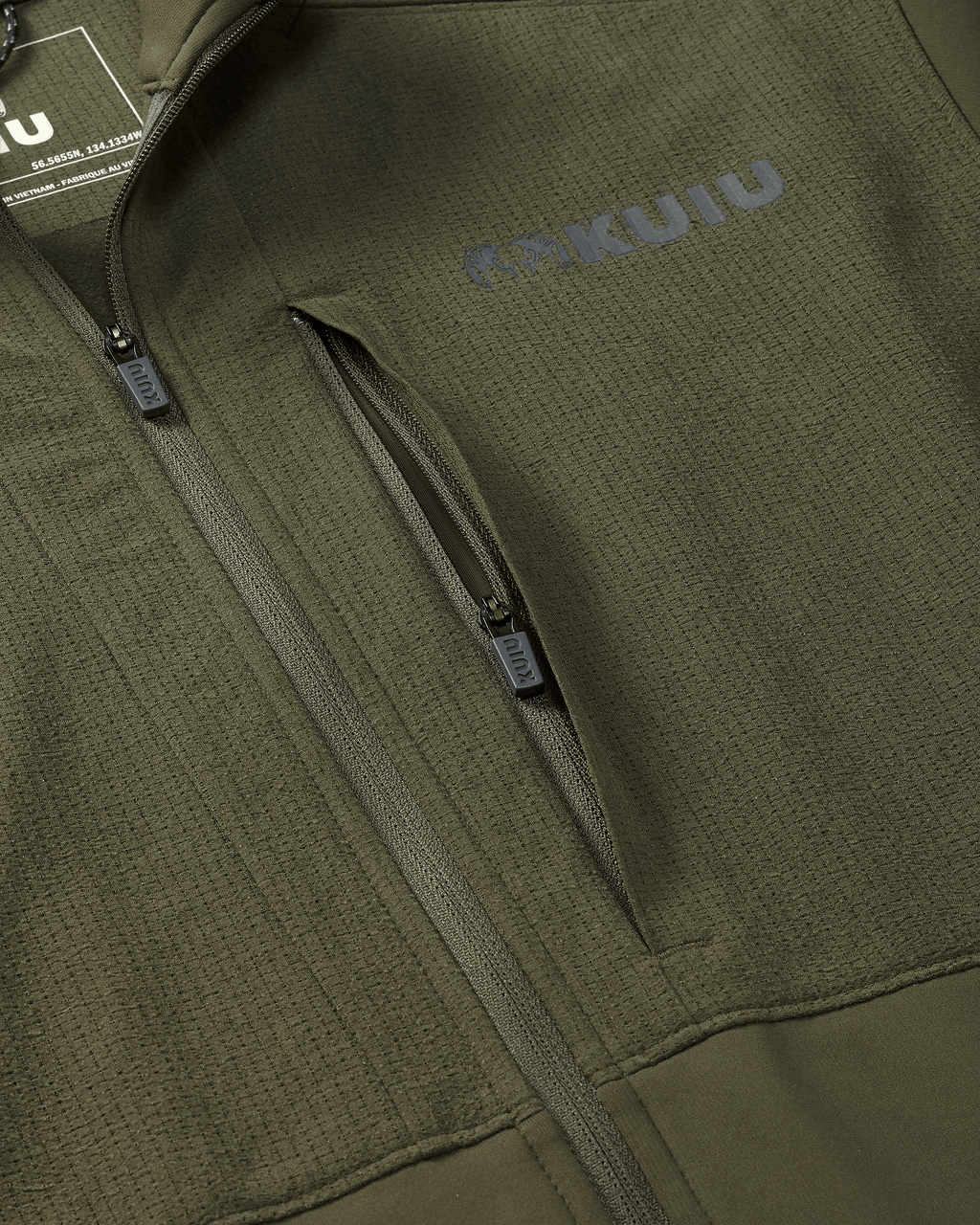 Zippered front chest pocket on Bicomp Jacket in Wildwood Green