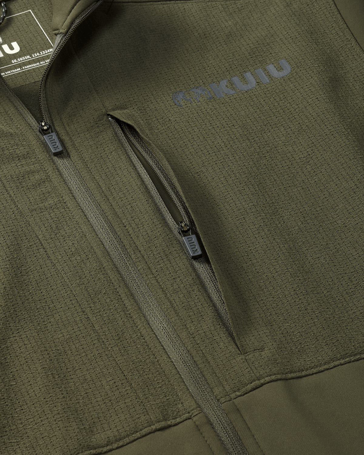 Zippered front chest pocket on Bicomp Jacket in Wildwood Green
