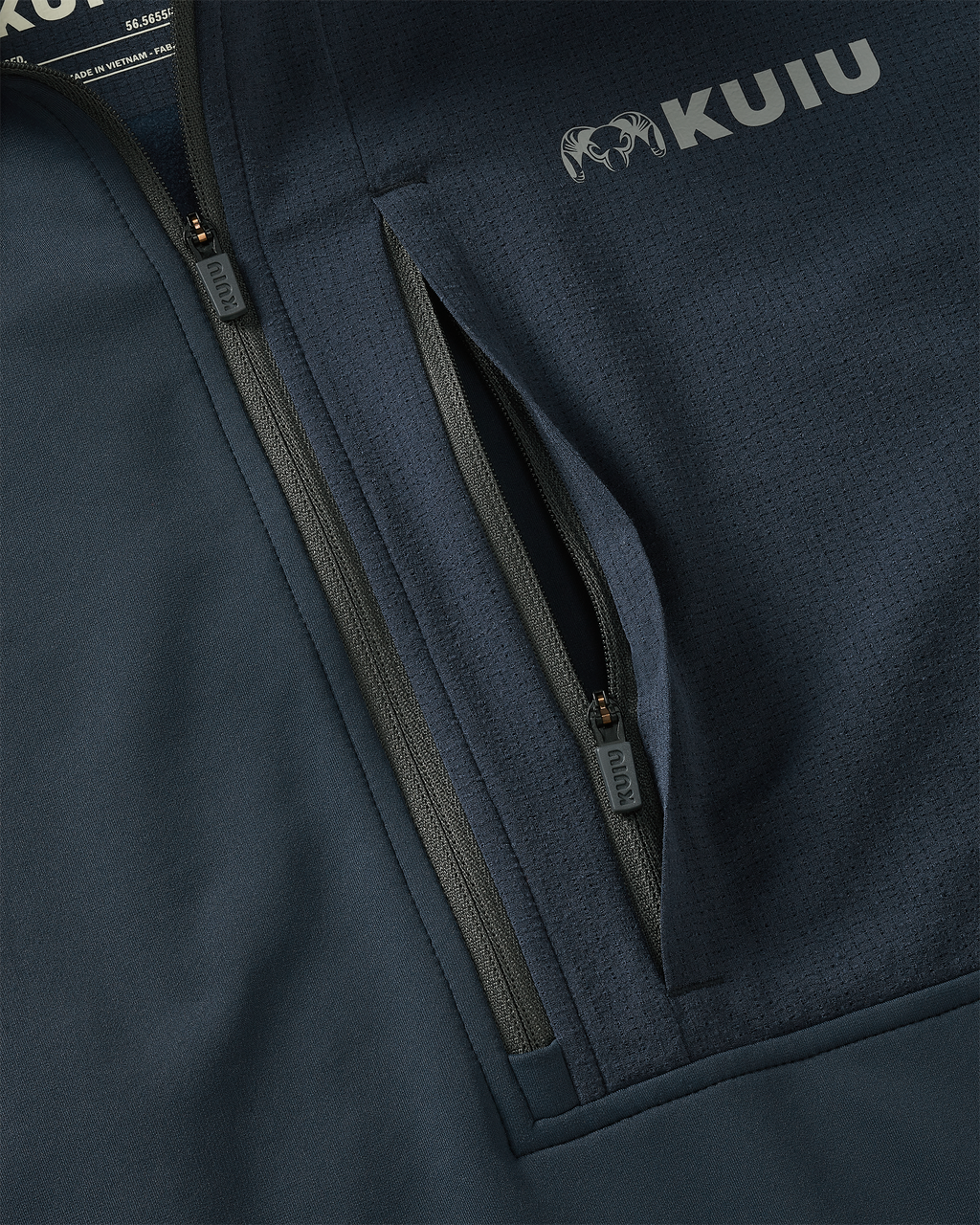 Zippered front chest pocket on Bicomp Jacket in Steel Blue