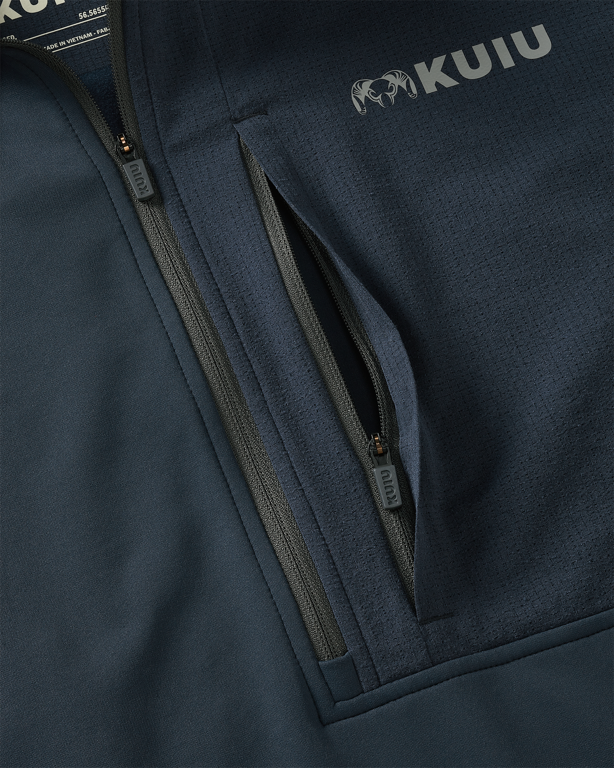Zippered front chest pocket on Bicomp Jacket in Steel Blue