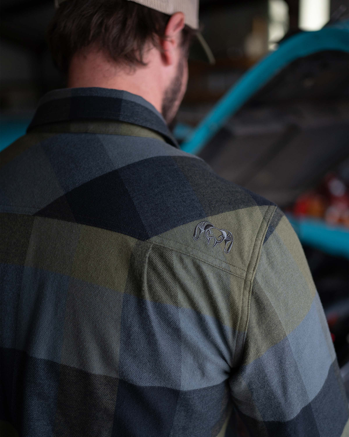 KUIU embroidered logo on upper right back shoulder of Field Flannel Shirt