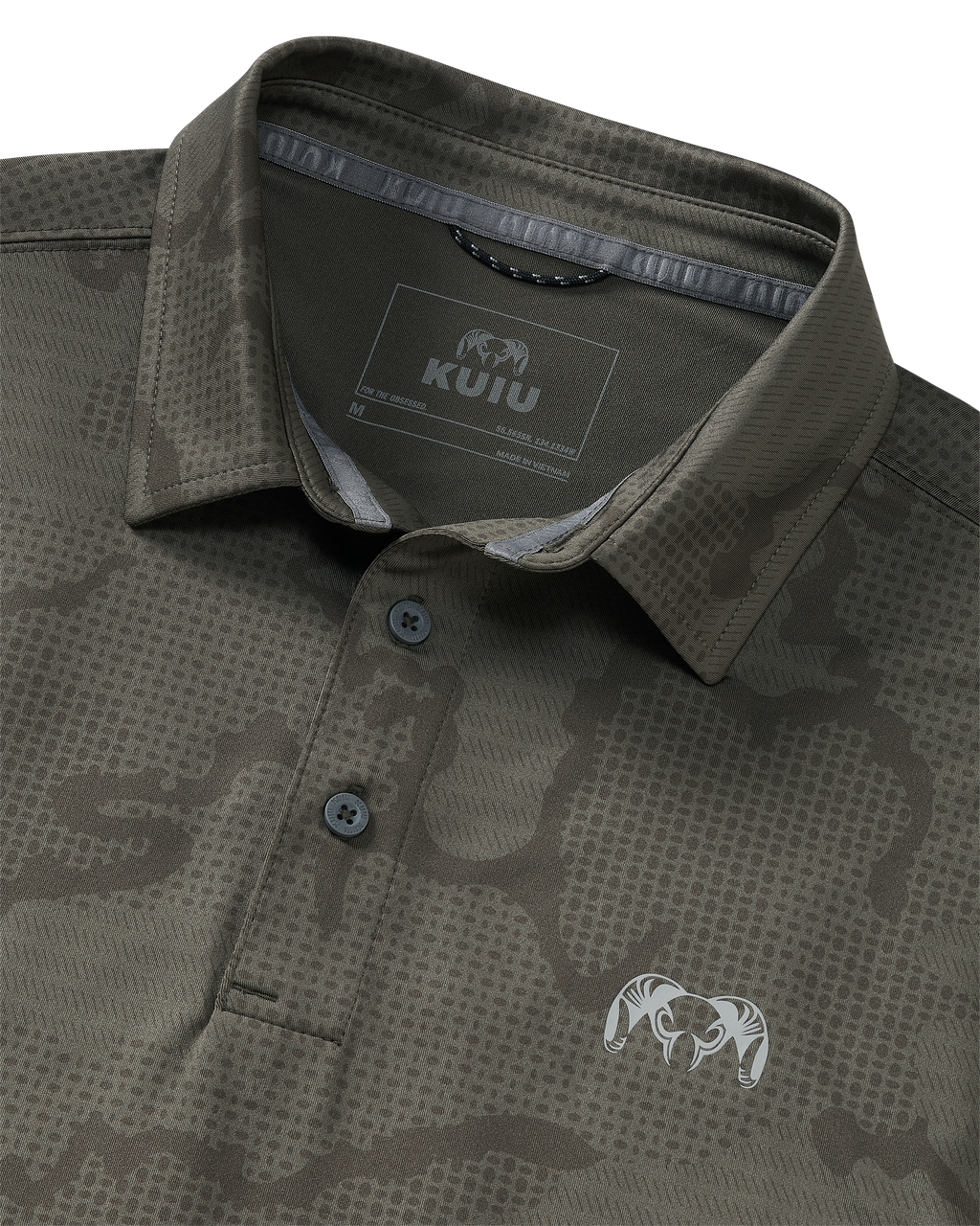 Collar of KUIU Performance Polo in Ash Brown Tonal