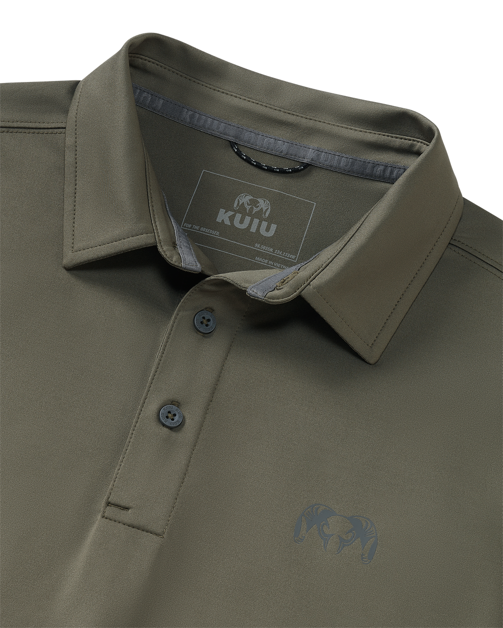 Collar of KUIU Performance Polo in Dark Sage Green