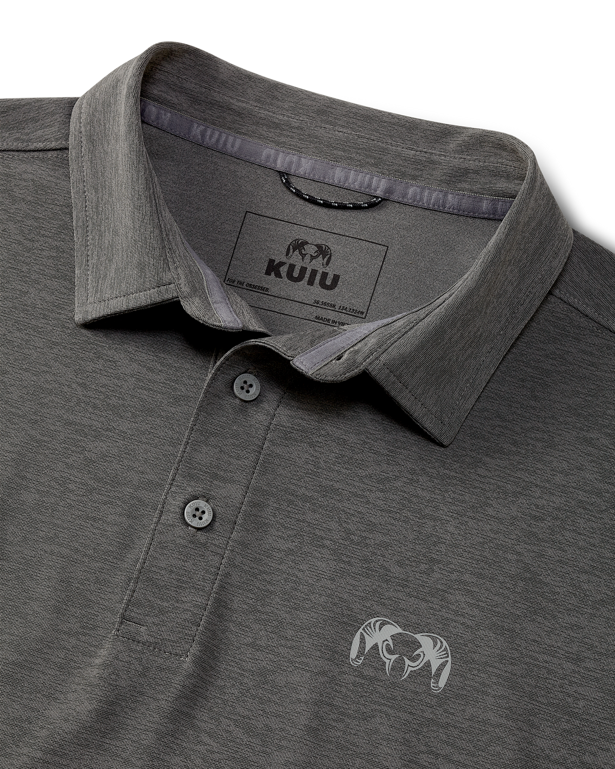 Collar of KUIU Performance Polo in Heather Stone Grey