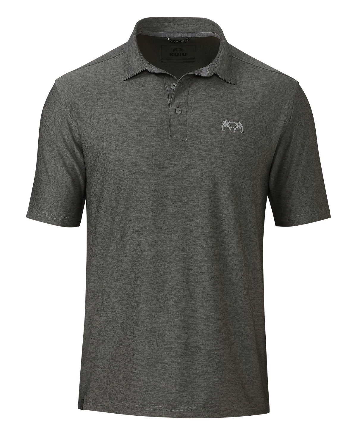 Front of KUIU Performance Polo in Heather Stone Grey