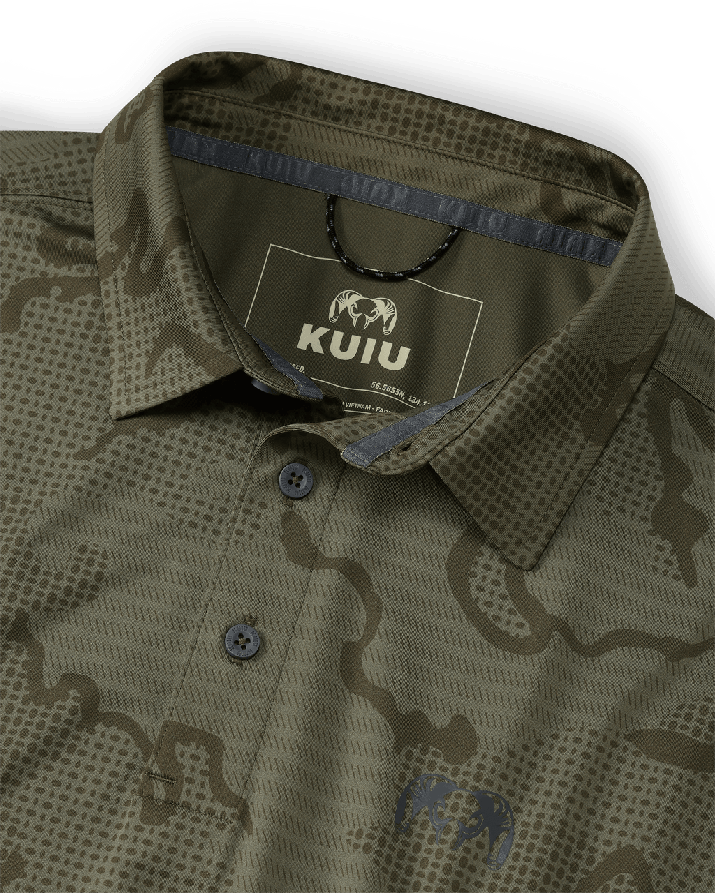 Detailed of collar, 2 button placket, tagless KUIU logo on KUIU Performance Polo Shirt in Dark Sage Green Tonal Pattern