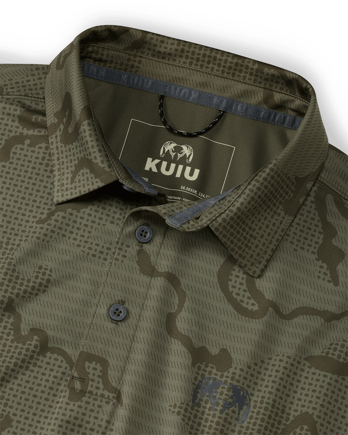 Detailed of collar, 2 button placket, tagless KUIU logo on KUIU Performance Polo Shirt in Dark Sage Green Tonal Pattern