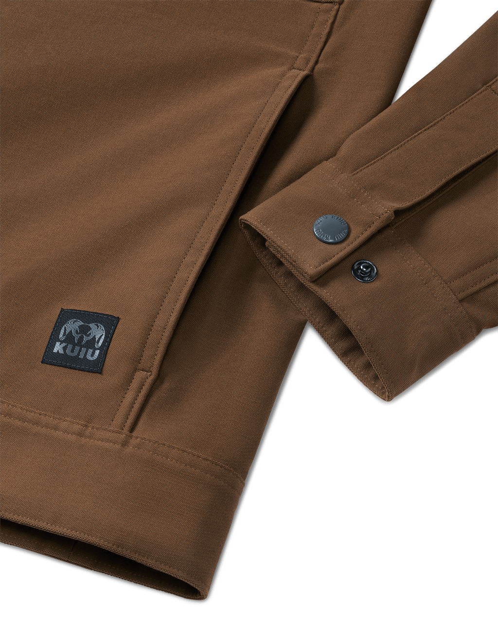 Front of Brawley Canvas Jacket in Saddle Brown, highlighting open hand pocket with adjustable snap wrist cuffs