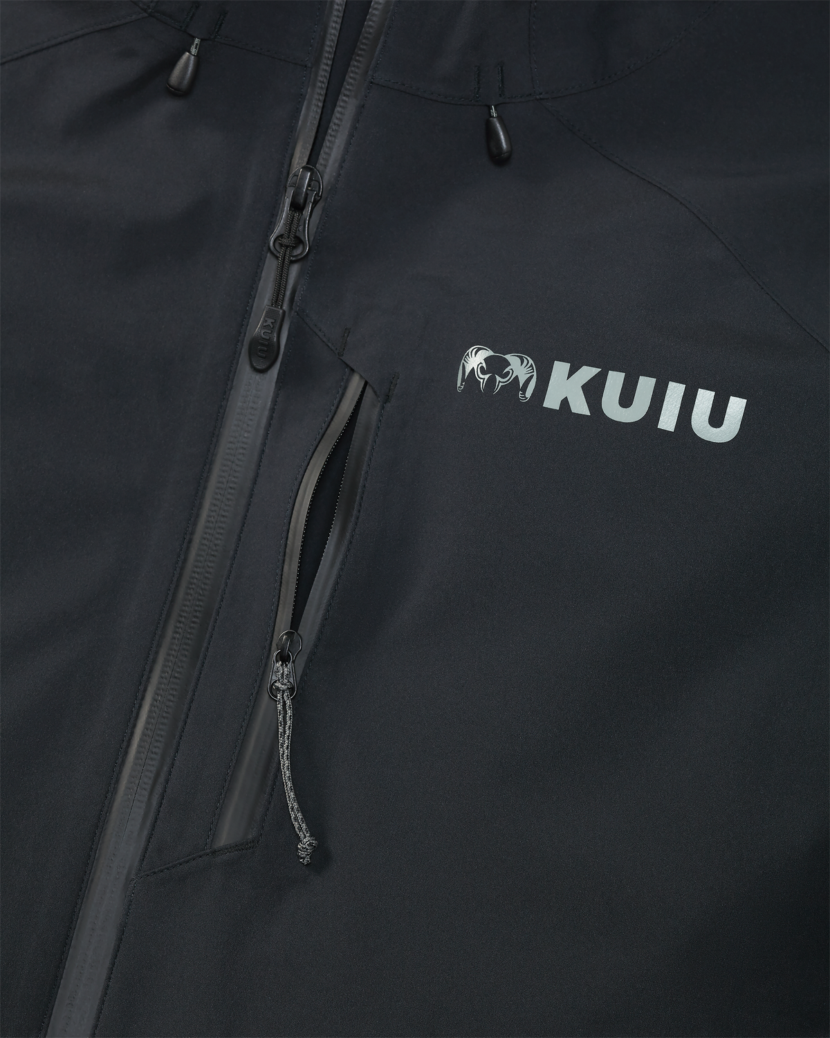 Close-up detail of front zipper and vertical zippered chest pocket on the Northridge Rain Jacket in Black