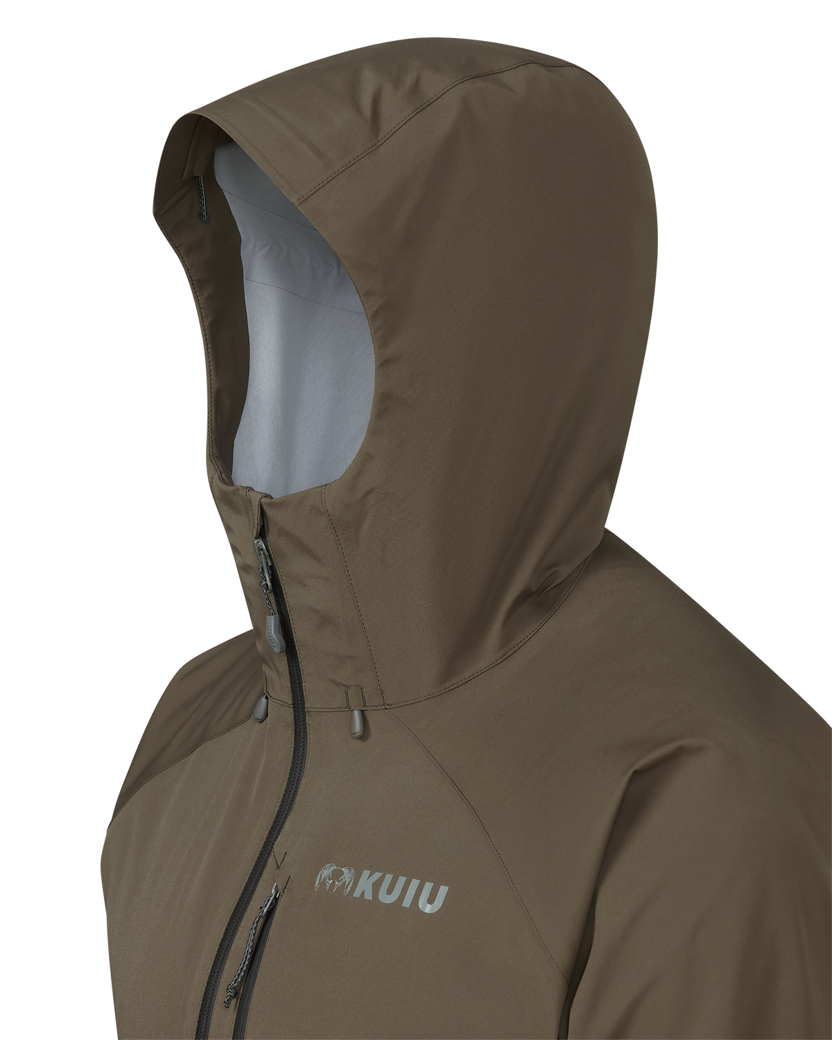 Angled Hood detail on Northridge Rain Jacket in Major Brown